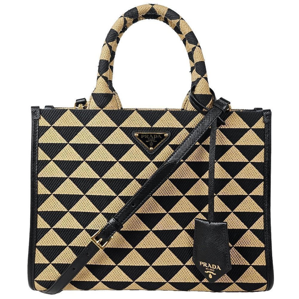 Prada Fabric Embroidered Saffiano Small Symbole Tote Nero Corda